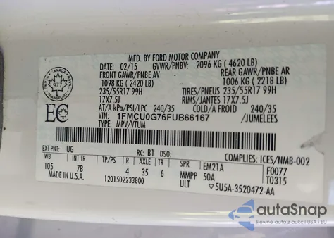 2015 Ford Escape Se from USA, damaged, VIN 1FMCU0G76FUB66167
